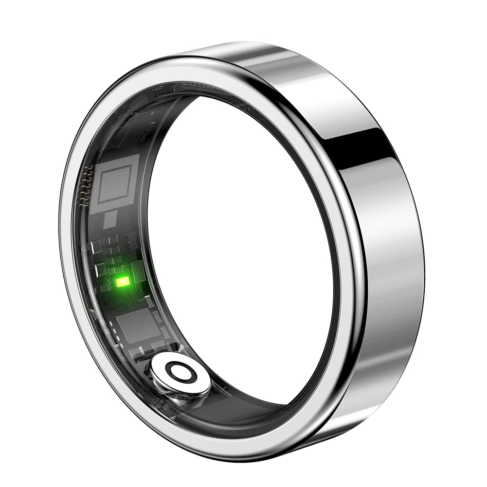 Silver smart ring with electronic components on a white background