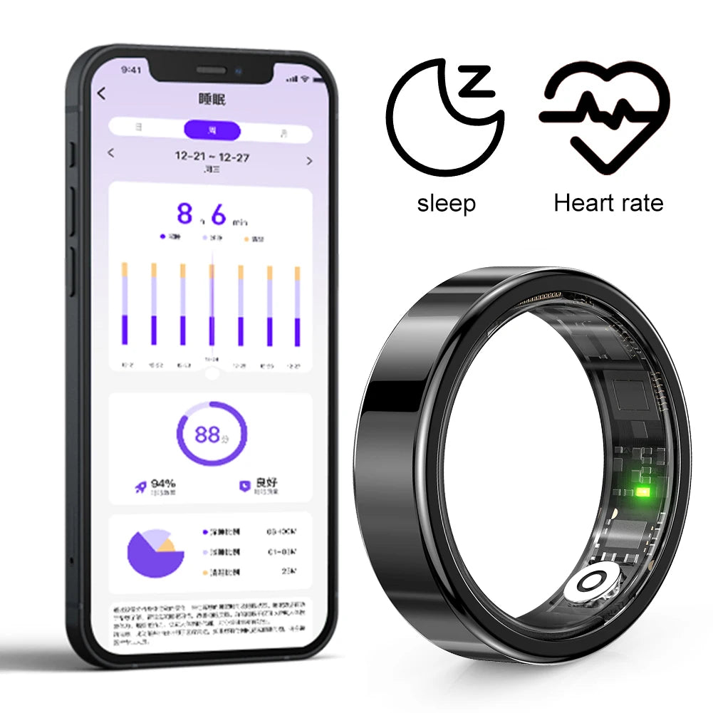 Smartphone displaying health app with a black smart ring on a white background