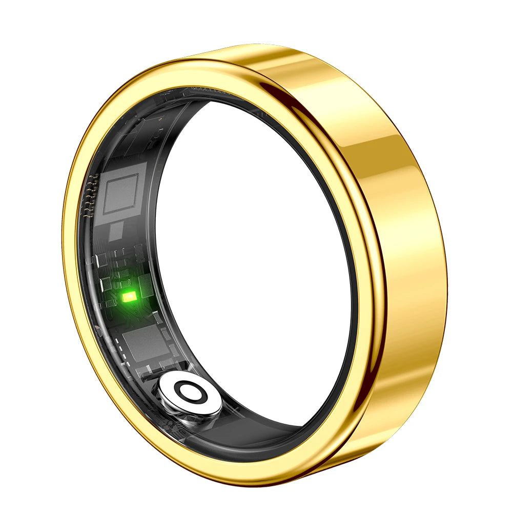 Gold electronic ring with visible circuitry on a white background