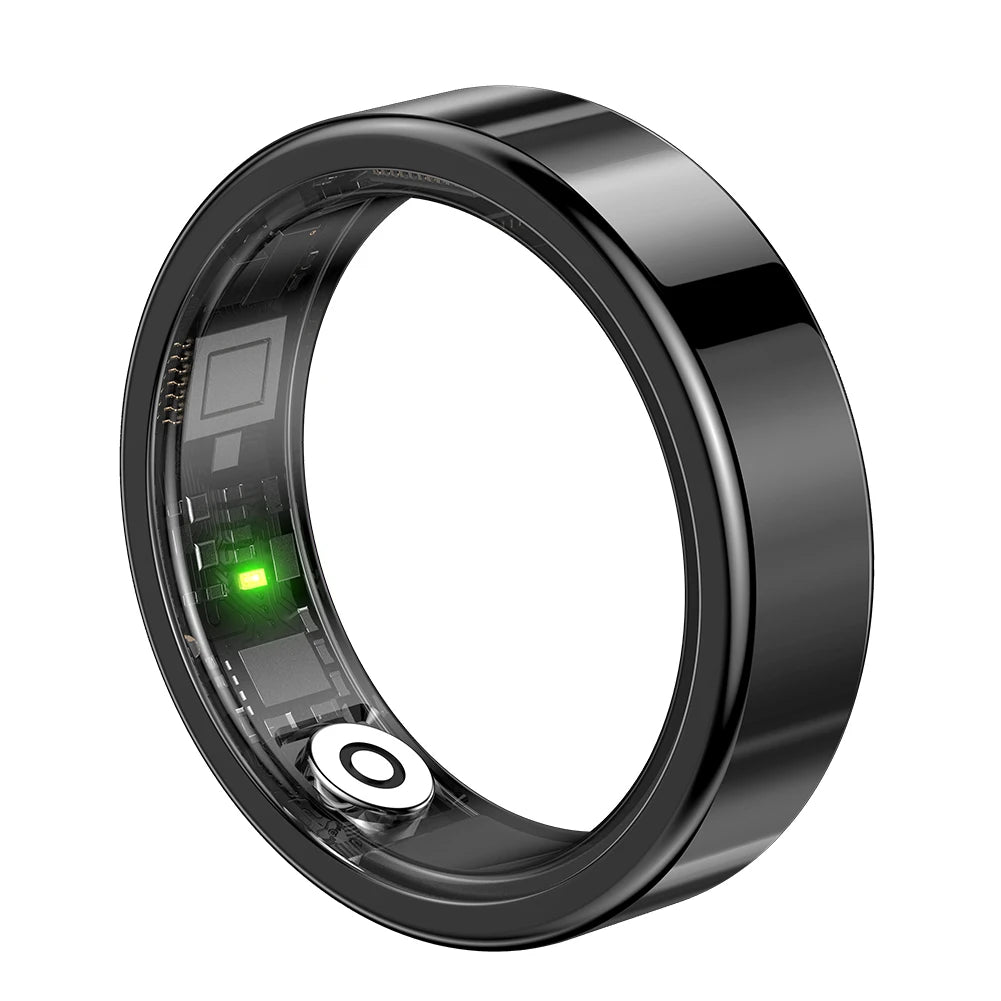 Black smart ring with electronic components on a white background